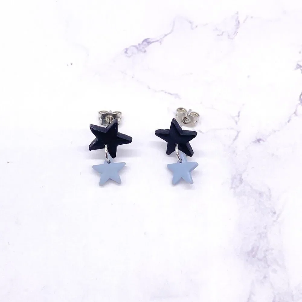 Black and Blue Small Star Dangle Stud Earrings